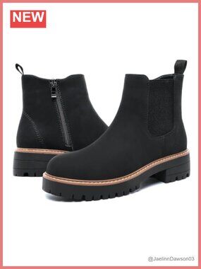 Womens Chelsea Ankle Boots Faux Leather Side Zip Chunky Lug Sole